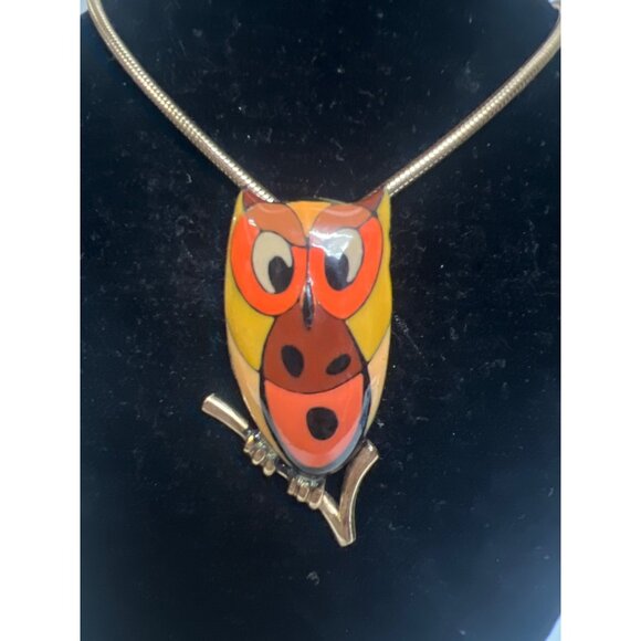 Eisenberg Vintage 70's Fall Colored Enameled Owl Pendant with Chaing
